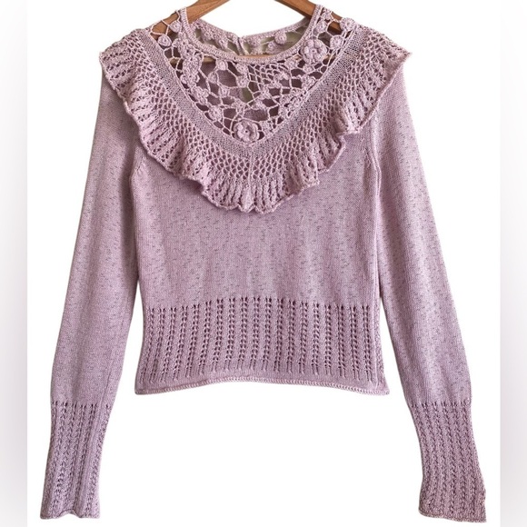 Free People Sweaters - FREE PEOPLE Feminine Lightweight Crochet Ruffled Knit Pullover Sweater Sz XS/TP